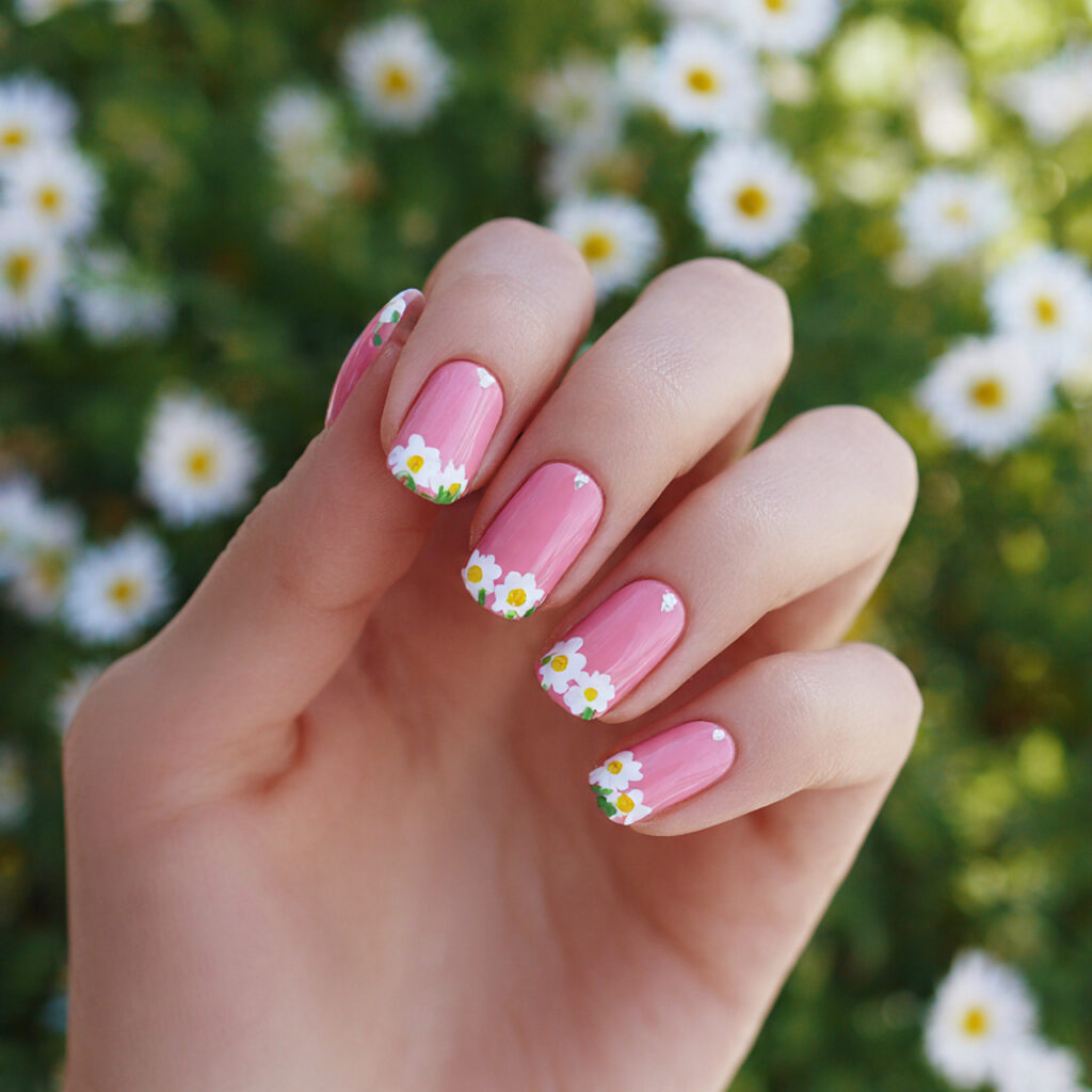 attractiv pink and white daisy nails with outdoor