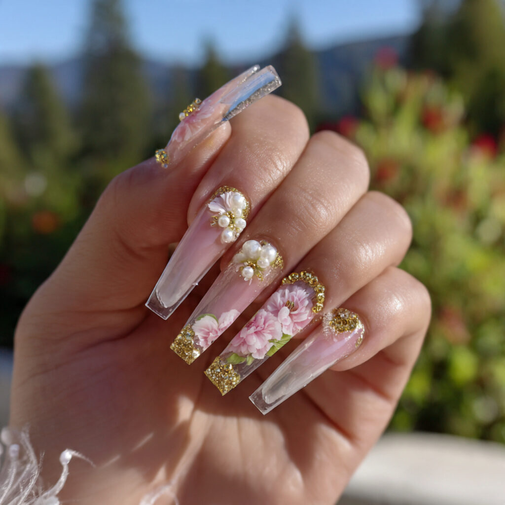 attractive 3d flower acrylic nails with glossy pea