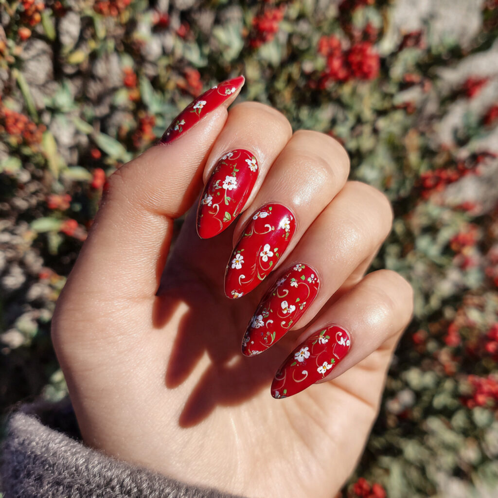 attractive 8 red swirls tiny flowers on nails with