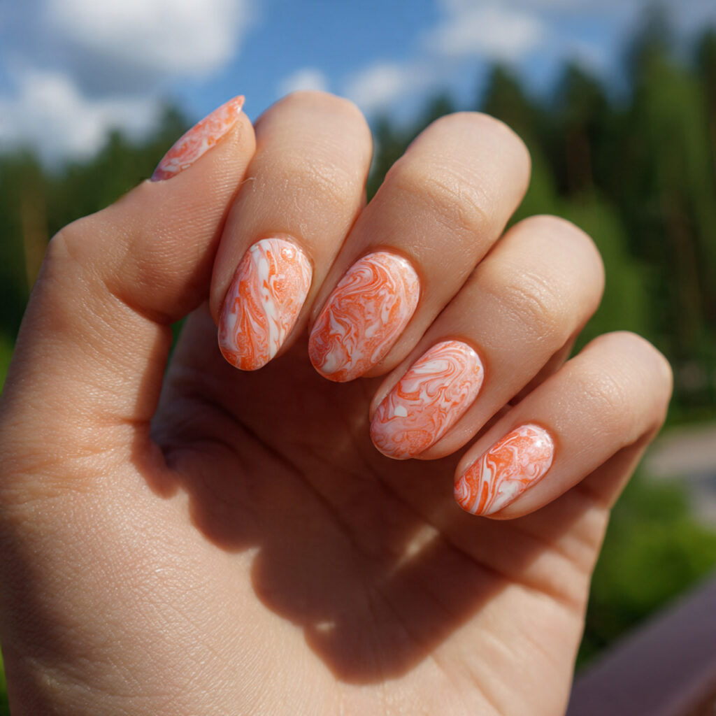 attractive 9 coral swirl nails on milky base with