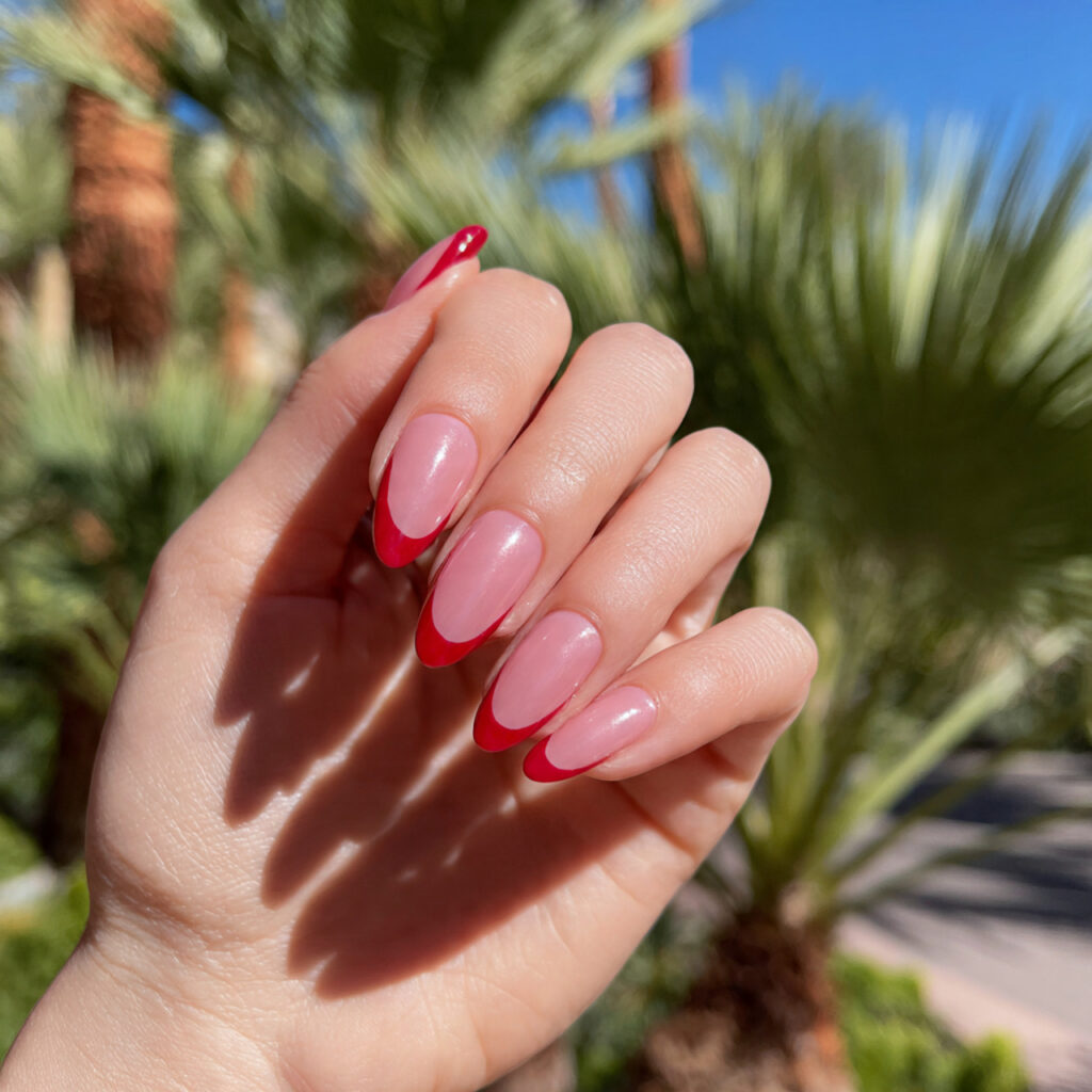 Pink and Red Nails: 15 Flirty, Bold & Pinterest-Perfect Designs You’ll Love 2 attractive almond pink base with red french tips n