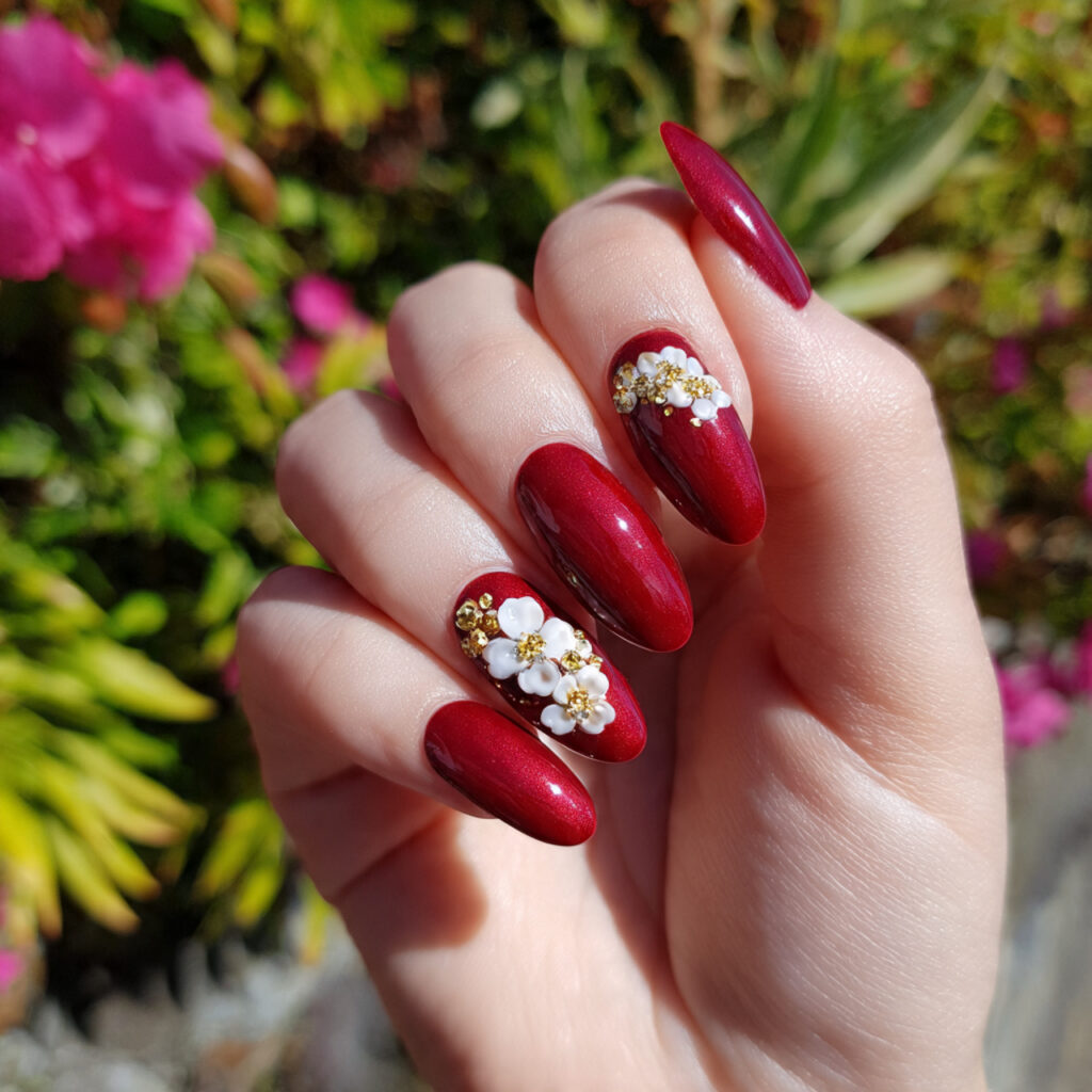 attractive almond red acrylic with 3d flower accen