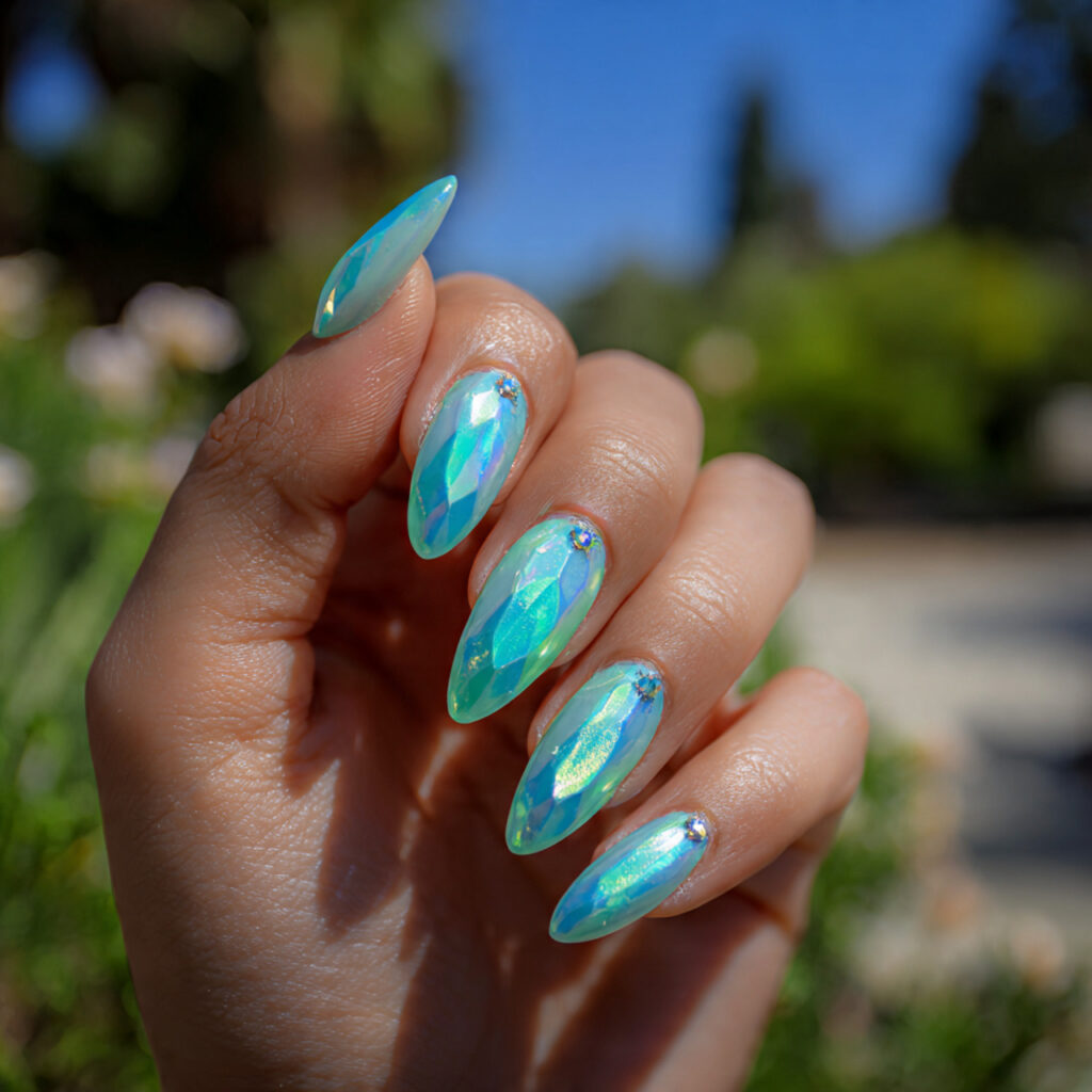 attractive aqua aura sea glass glow nails with out