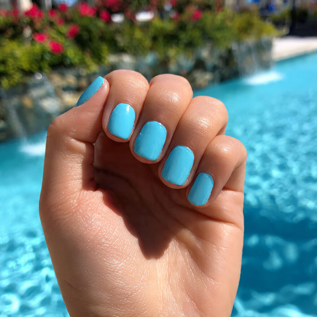 attractive aqua blue short nails with a glossy poo