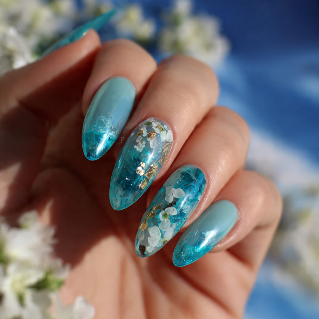 attractive aqua jelly almond nails with summer out