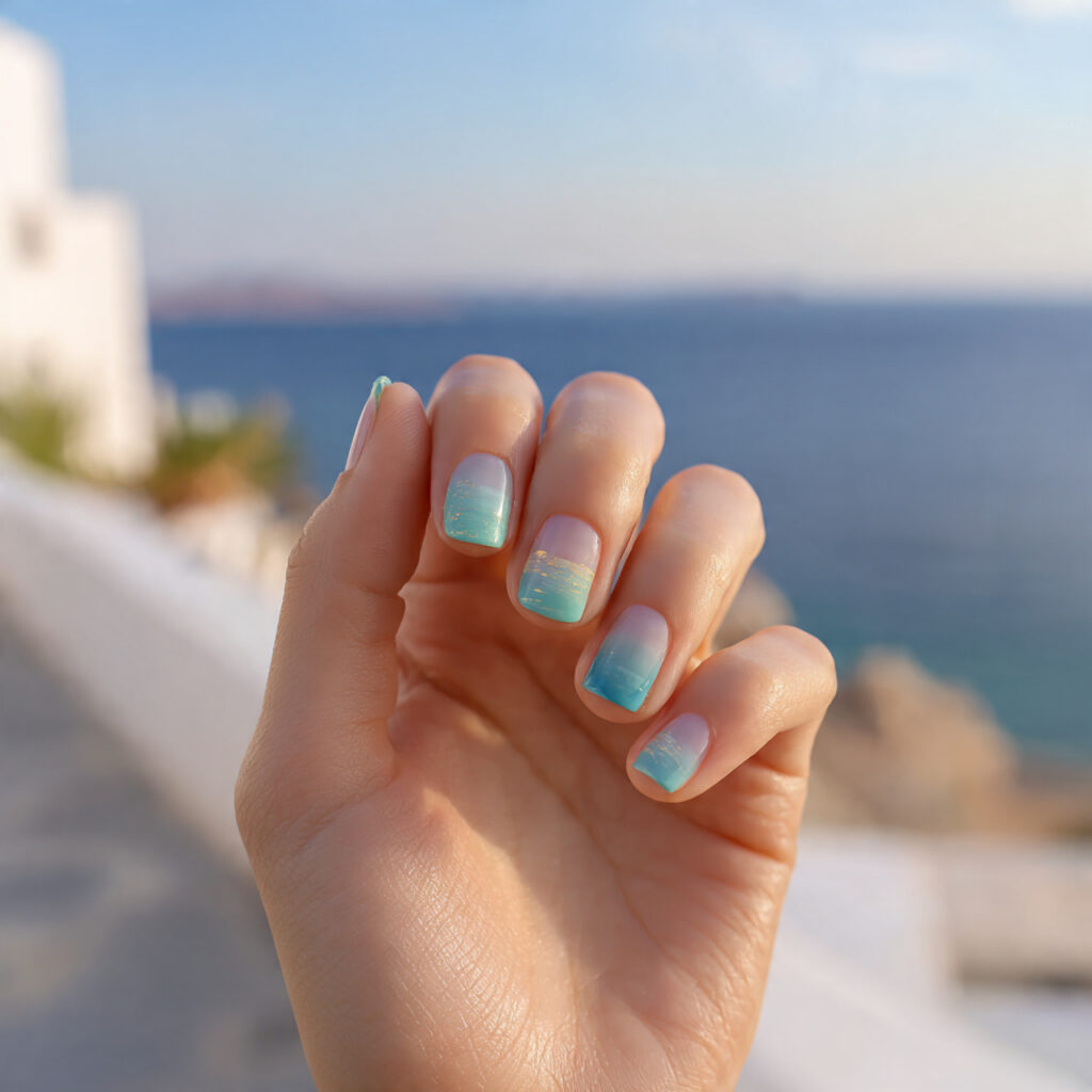 attractive aqua jelly short nails with outdoor sum