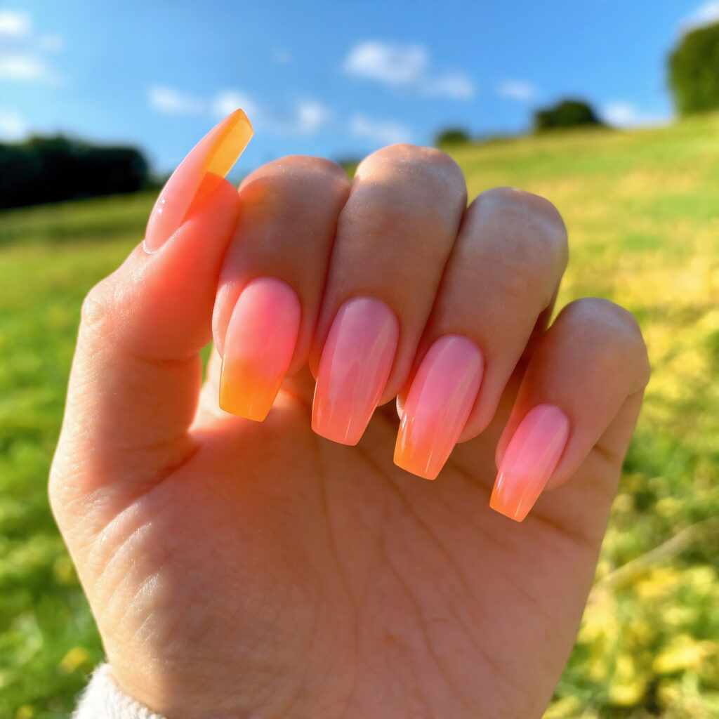 Summer Acrylic Nails: 14 Glossy, Vacation-Ready Designs You’ll Want to Screenshot 11 attractive aura glow center pink to orange acrylic