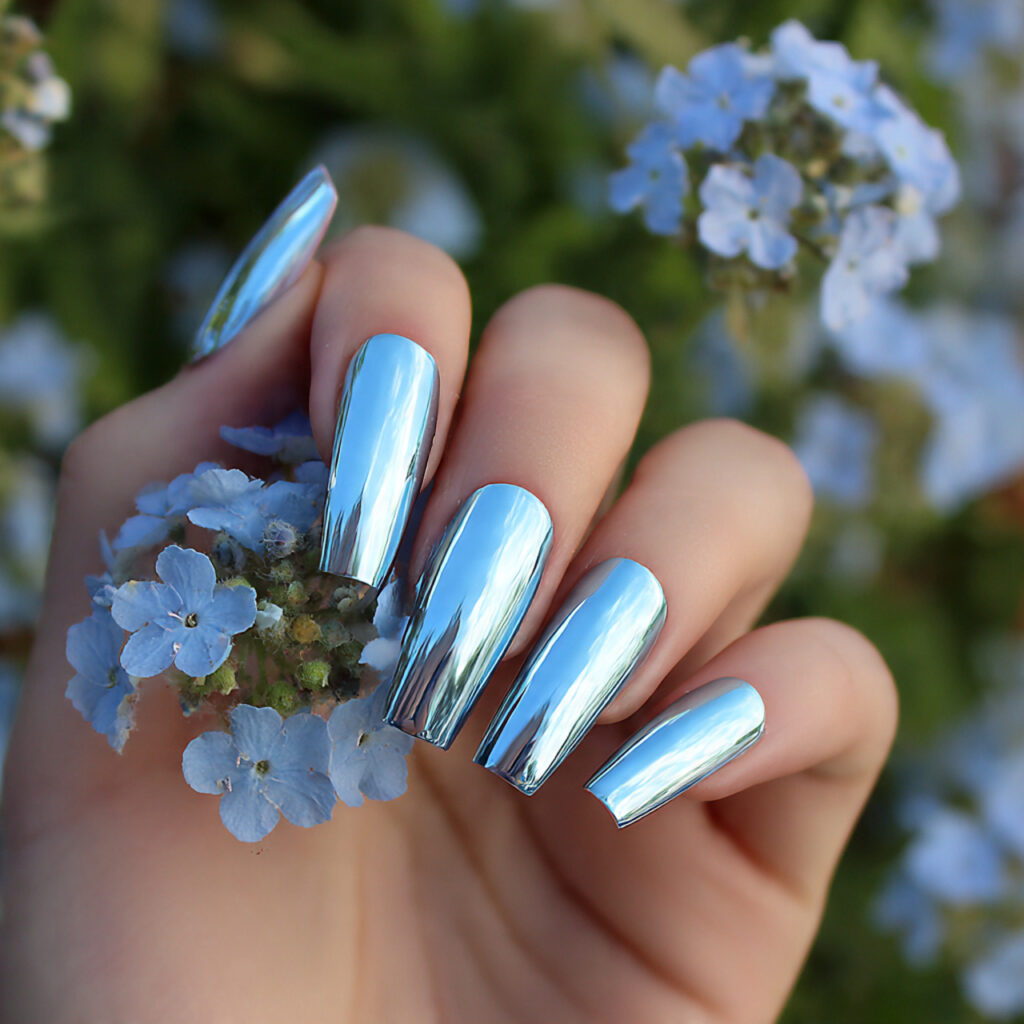 attractive baby blue chrome french coffin nails na