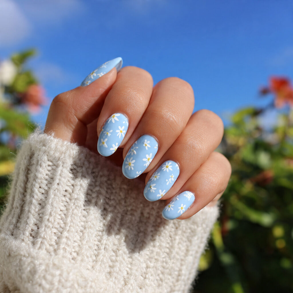 attractive baby blue floral nails with delicate wh