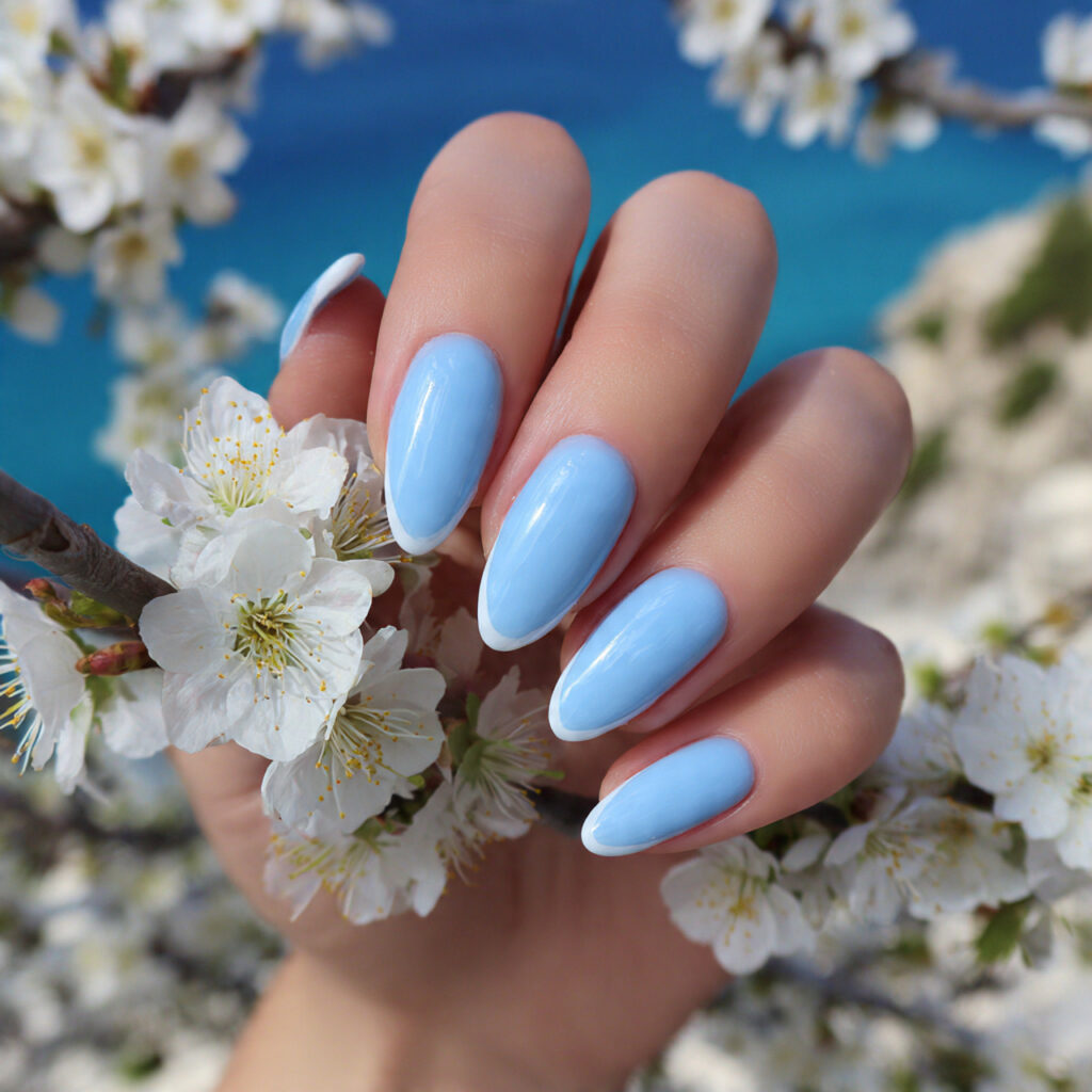 attractive baby blue french almond nails with outd 1