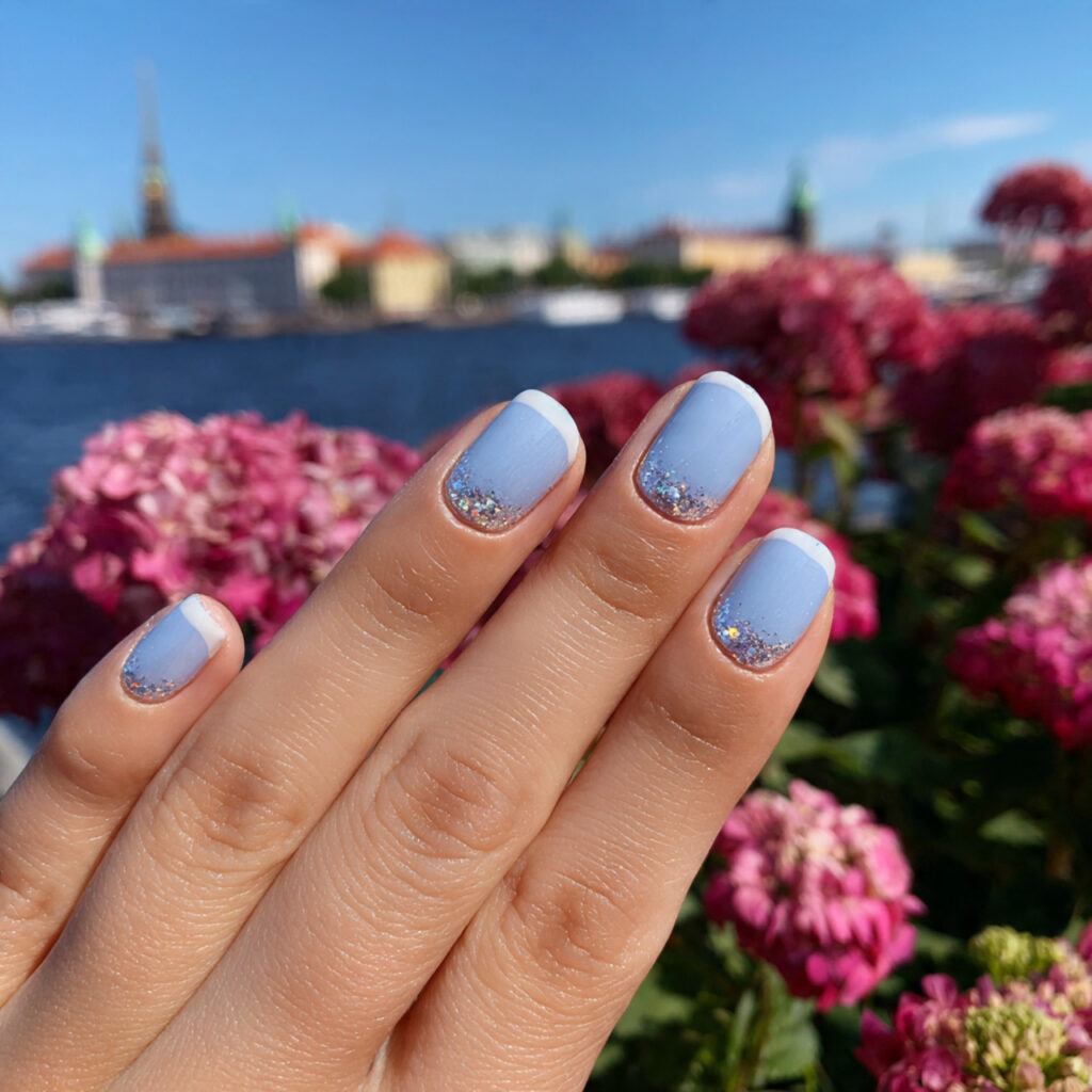attractive baby blue french short nails with outdo 1