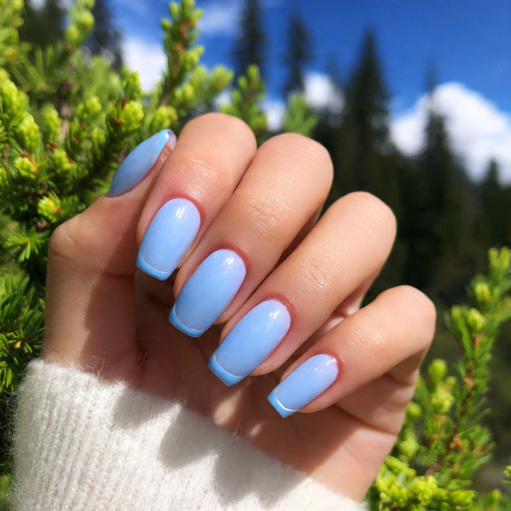 attractive baby blue french tip nails with outdoor