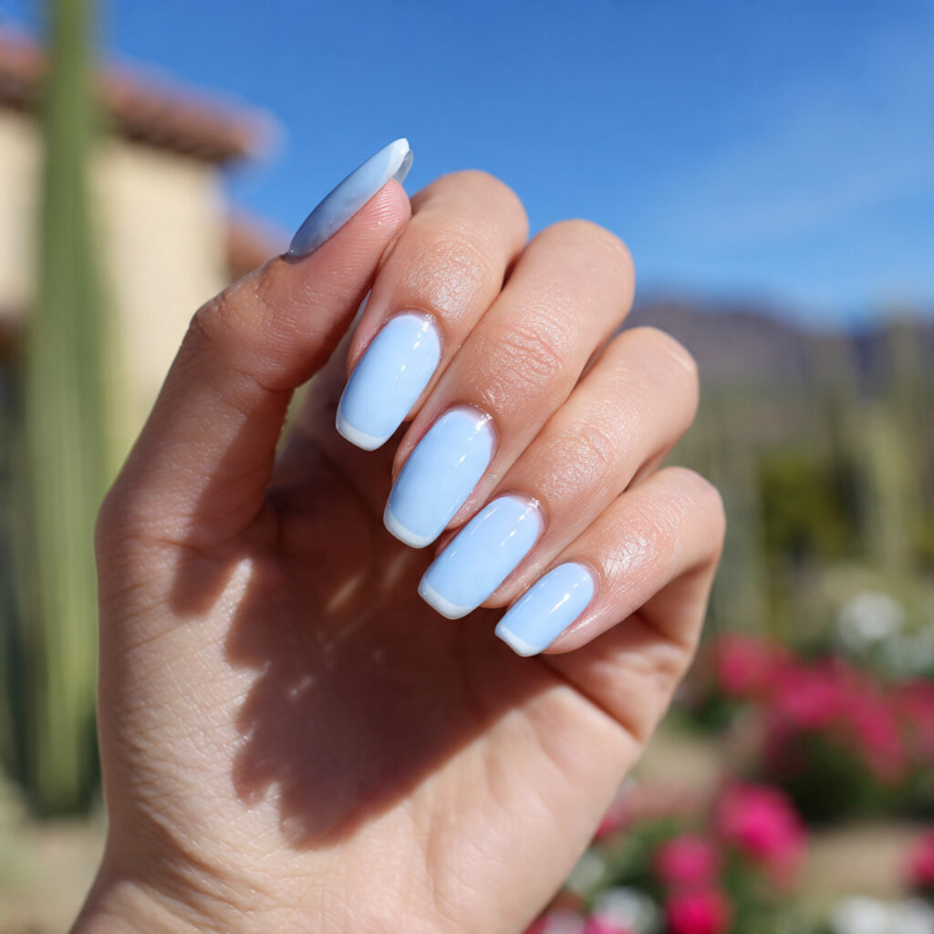 attractive baby blue french tips with glossy base