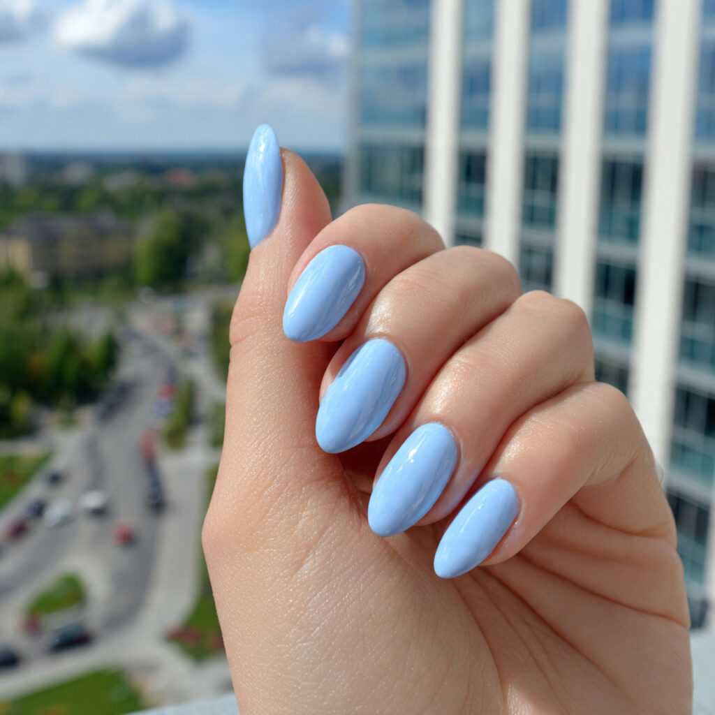 attractive baby blue gloss almond short nails with 1