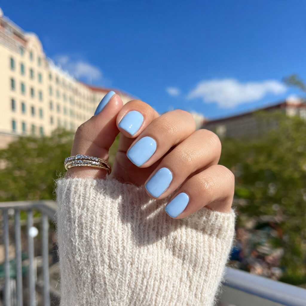 attractive baby blue glossy acrylic short nails wi