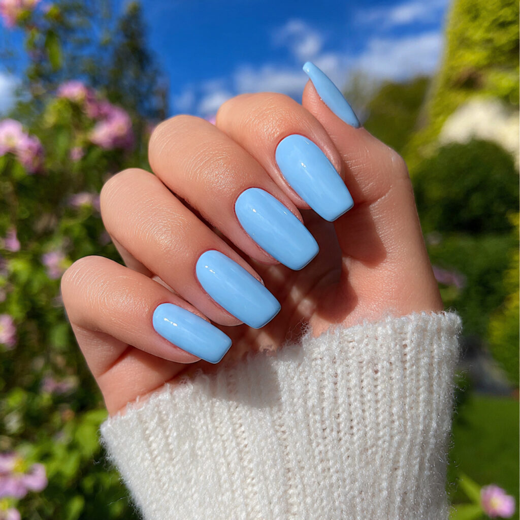attractive baby blue glossy nails inspo with outdo