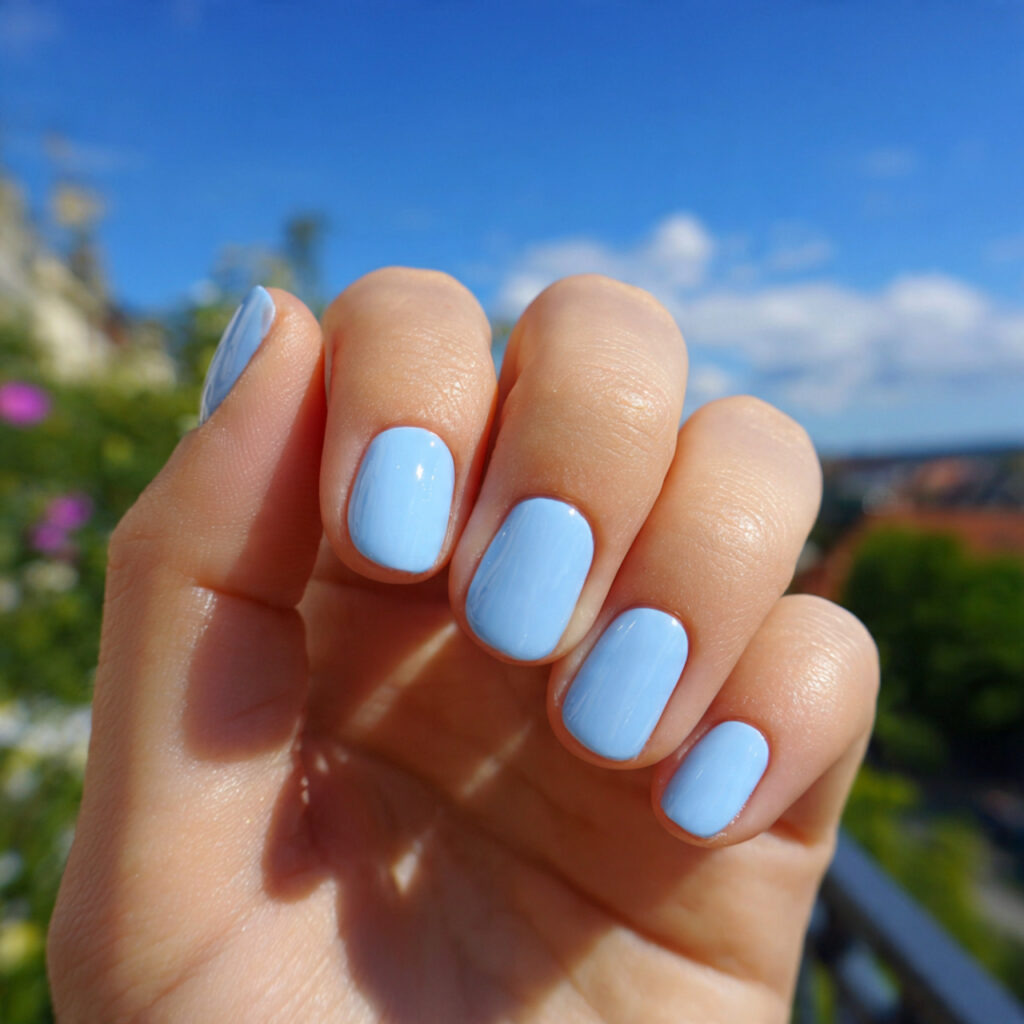 attractive baby blue glossy nails short nails with