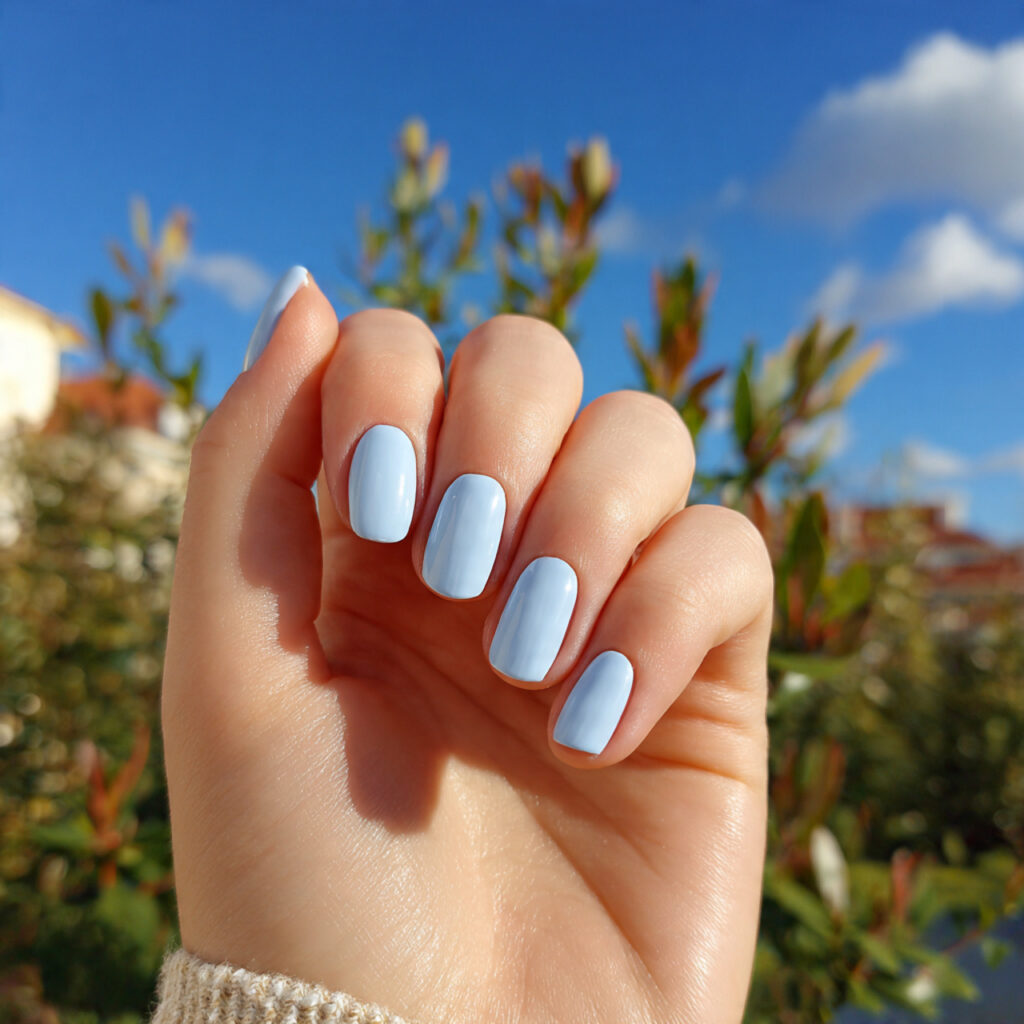 attractive baby blue glossy nails with outdoor bac 1