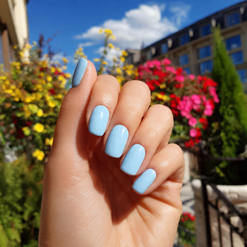 attractive baby blue glossy nails with outdoor sum