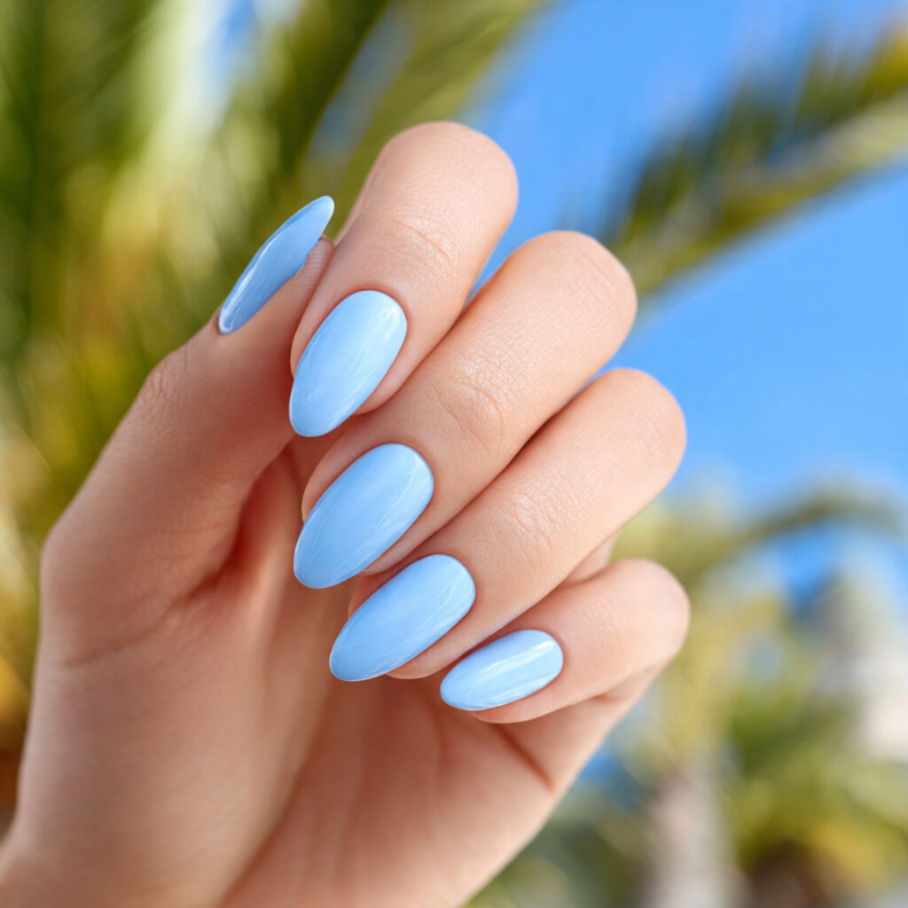 attractive baby blue glossy natural nails with out