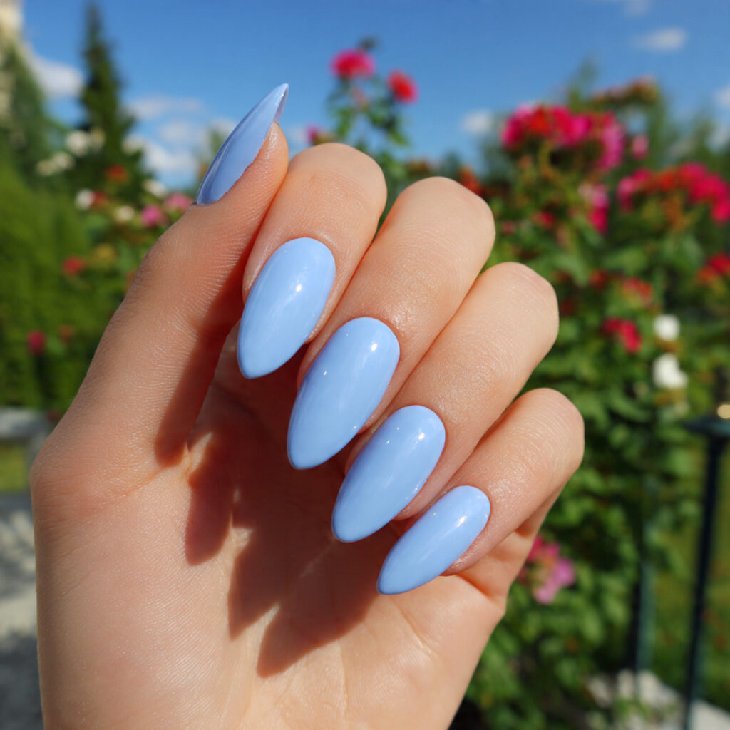 Short Almond Acrylic Nails: 14 Dreamy Designs That Feel Soft, Chic, and So Save-Worthy 5 attractive baby blue glossy short almond acrylic n