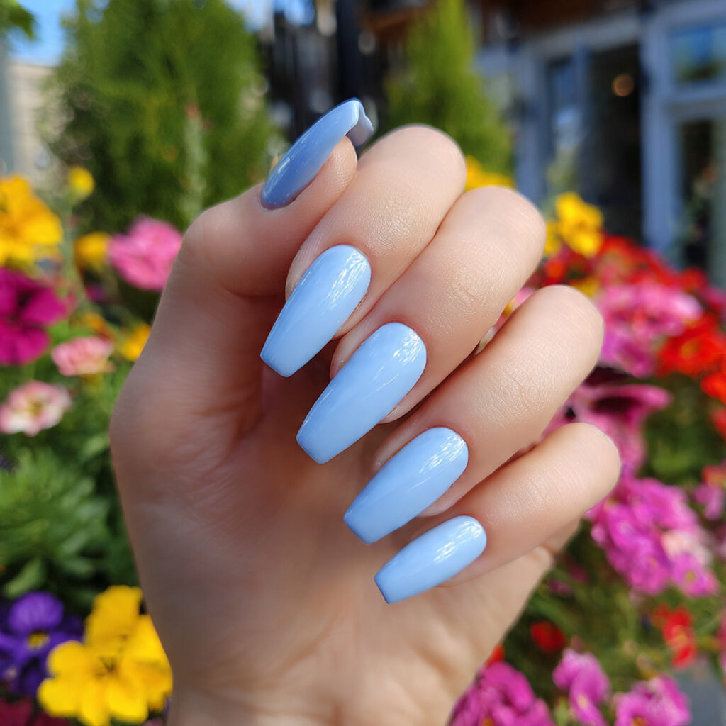 attractive baby blue glossy short coffin nails wit