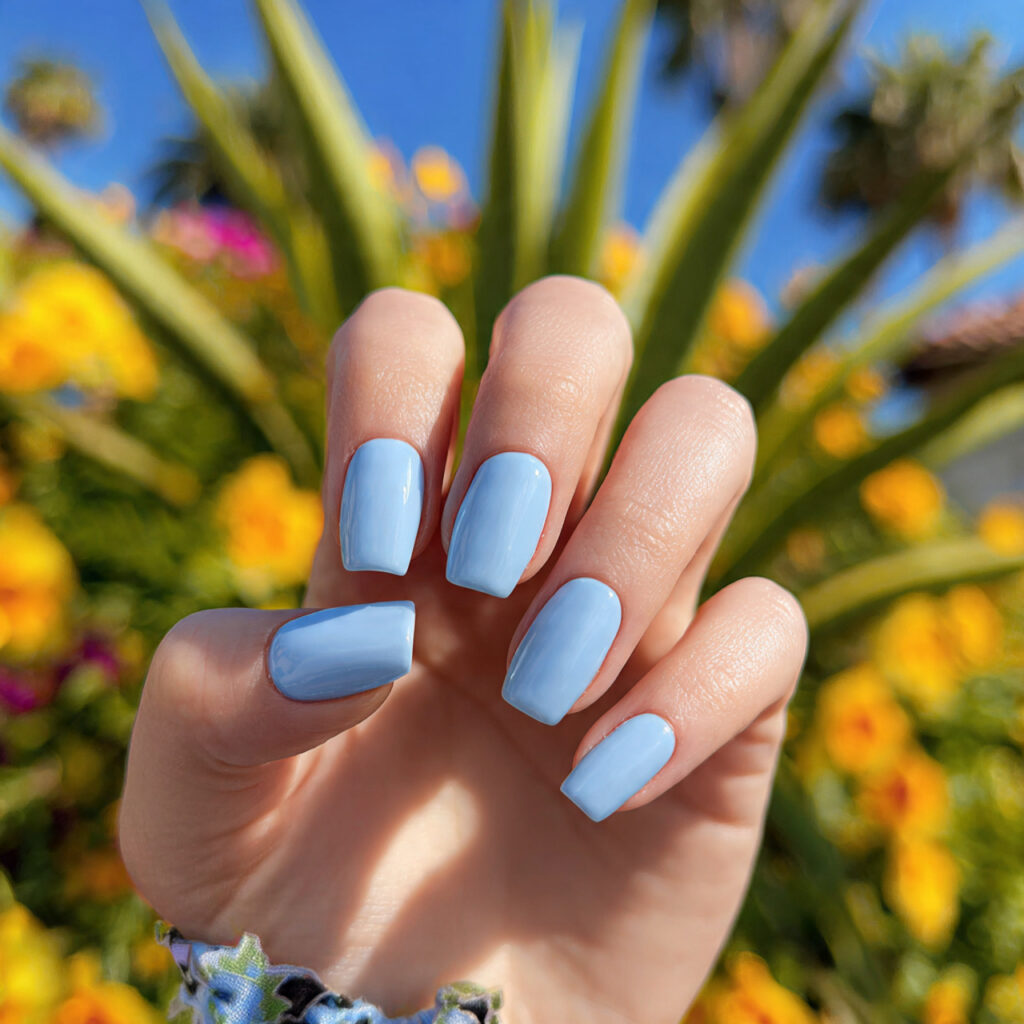 attractive baby blue glossy short duck nails with