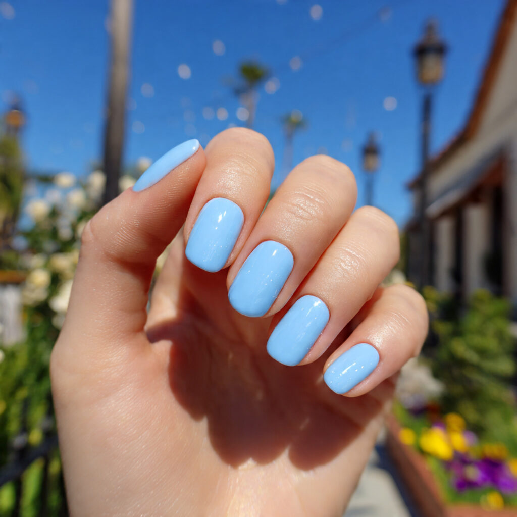 attractive baby blue glossy short nails with outdo 1