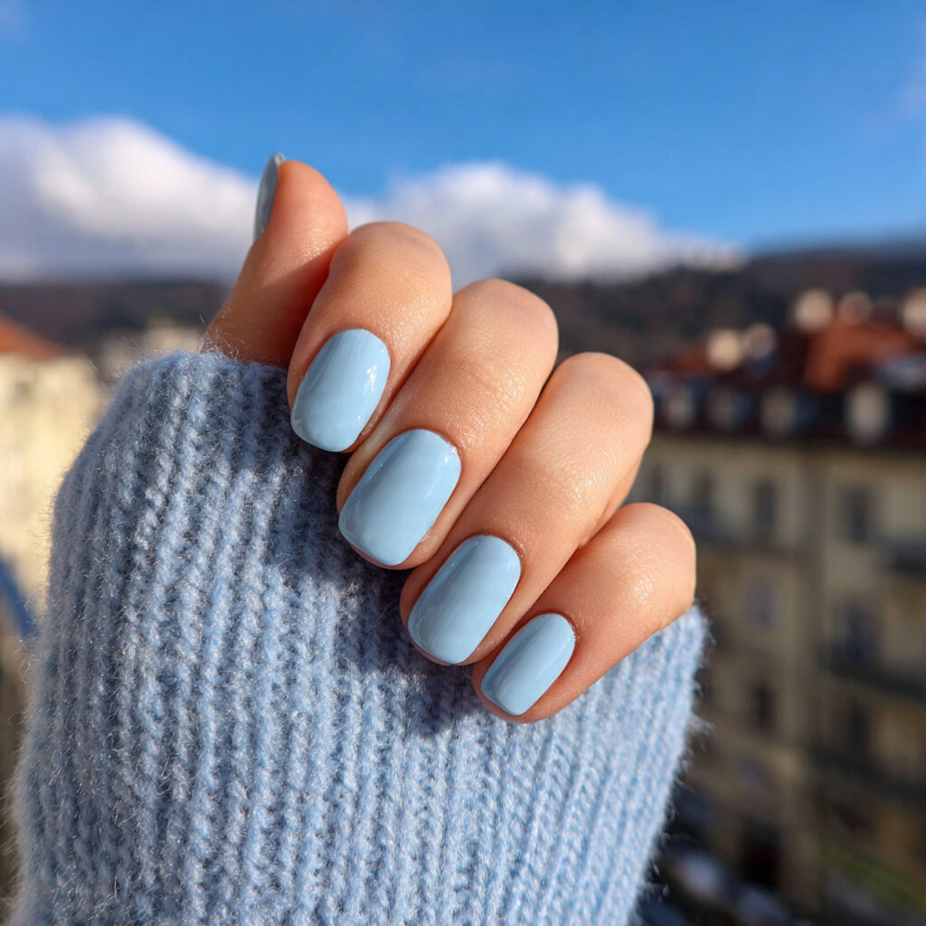 attractive baby blue glossy short square nails sho