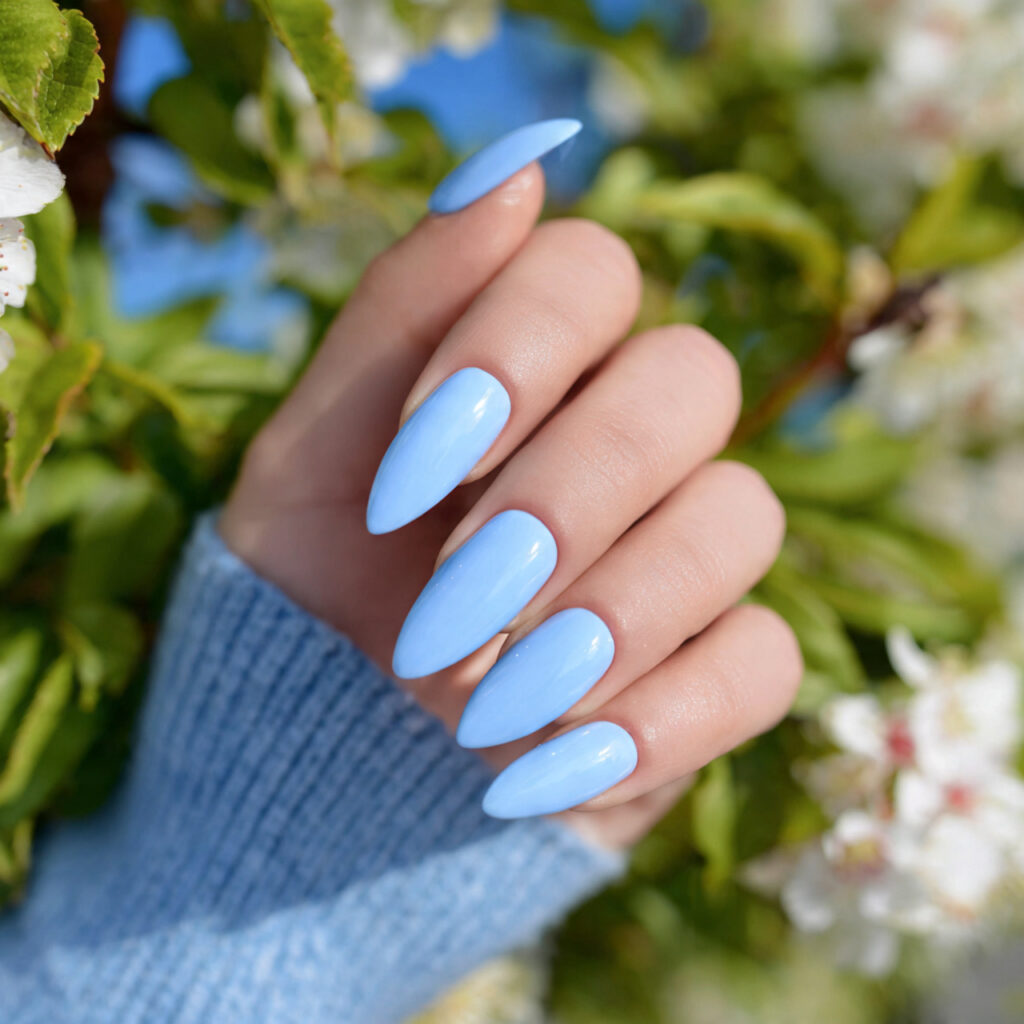 attractive baby blue glossy short stiletto nails w