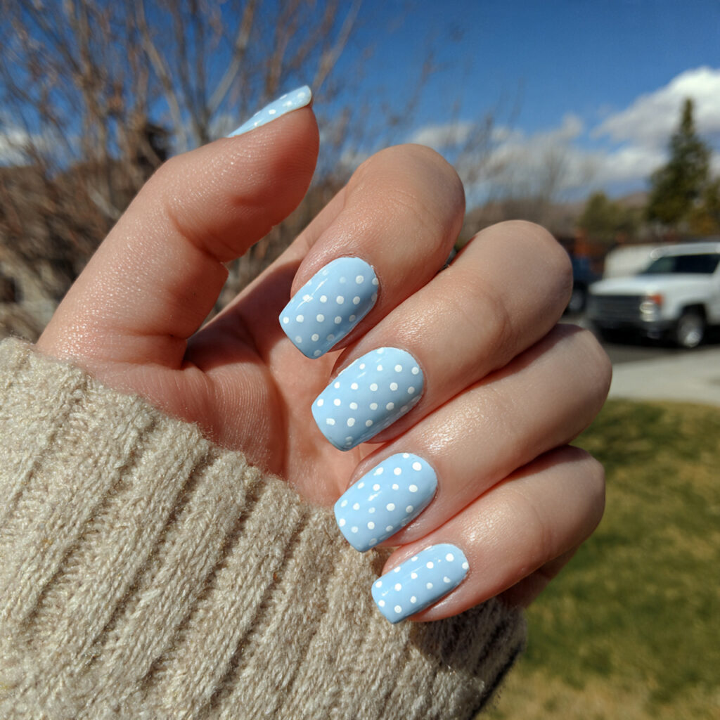 attractive baby blue polka dot nails with outdoor
