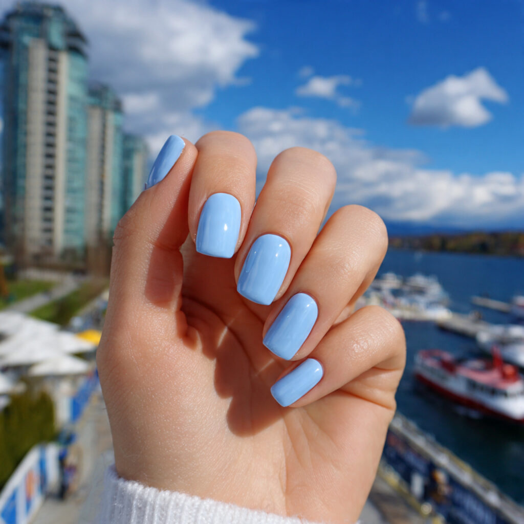 attractive baby blue short square gloss nails with