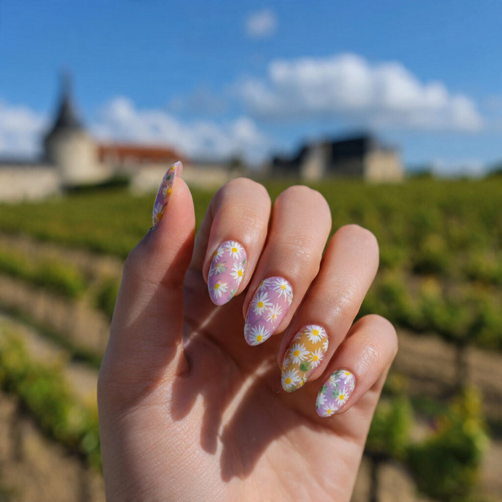 attractive baby daisy almond nails in pastel field