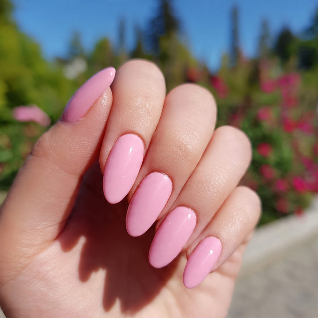 attractive baby pink acrylic nails with outdoor ba