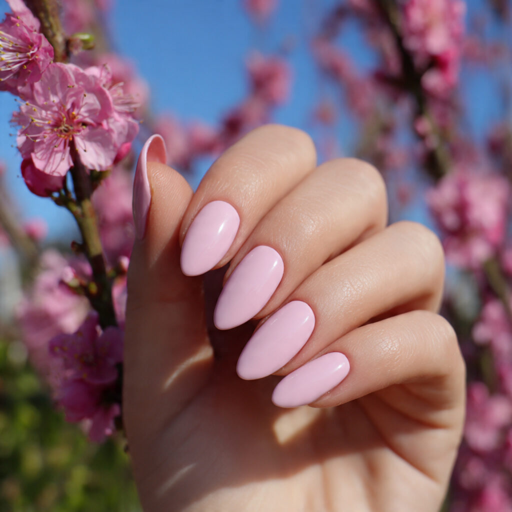 attractive baby pink almond nails with outdoor sum