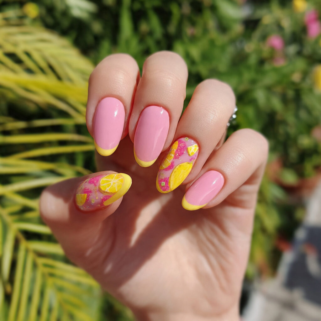 attractive baby pink and banana yellow nails with