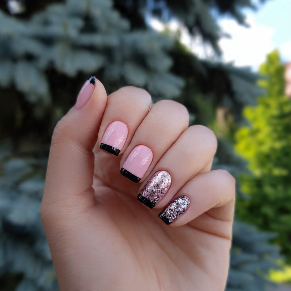 attractive baby pink and black square nails with o
