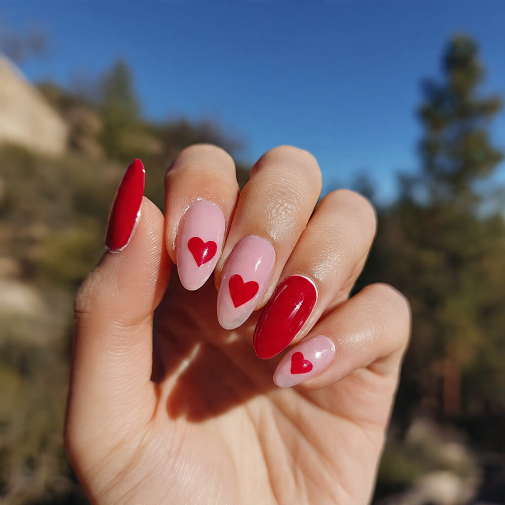 attractive baby pink and bright red heart nails wi