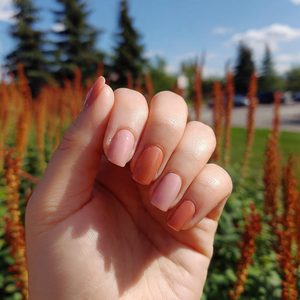 attractive baby pink and caramel nails with outdoo
