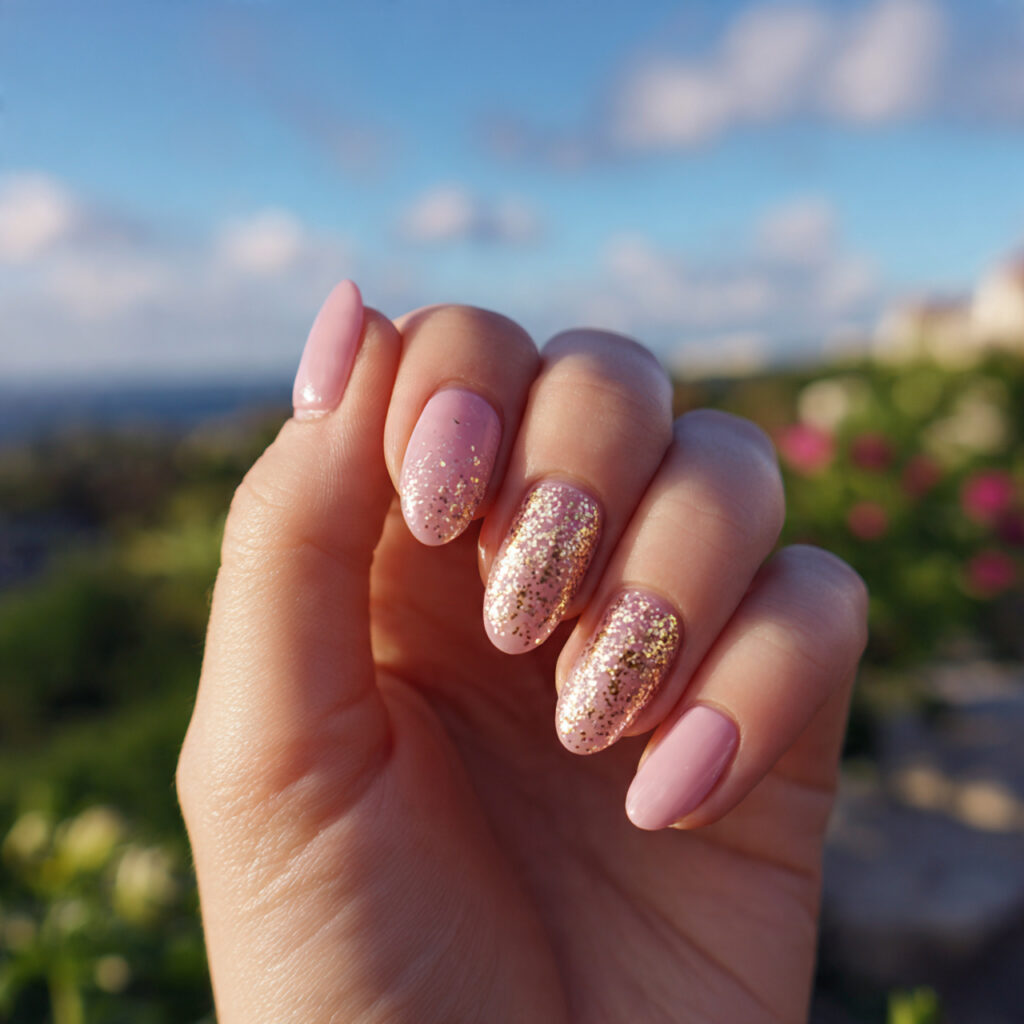 attractive baby pink and gold glitter nails with o