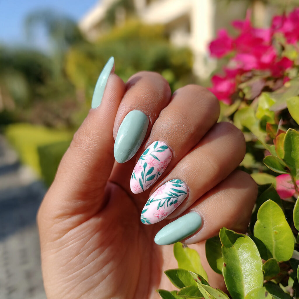 attractive baby pink and mint green nails with out