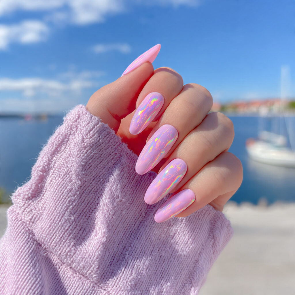 attractive baby pink aura nails with outdoor summe