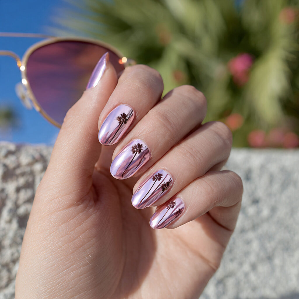attractive baby pink chrome nails with outdoor sum