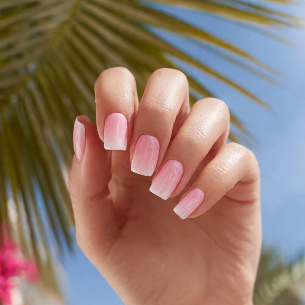 attractive baby pink cream nails with outdoor summ