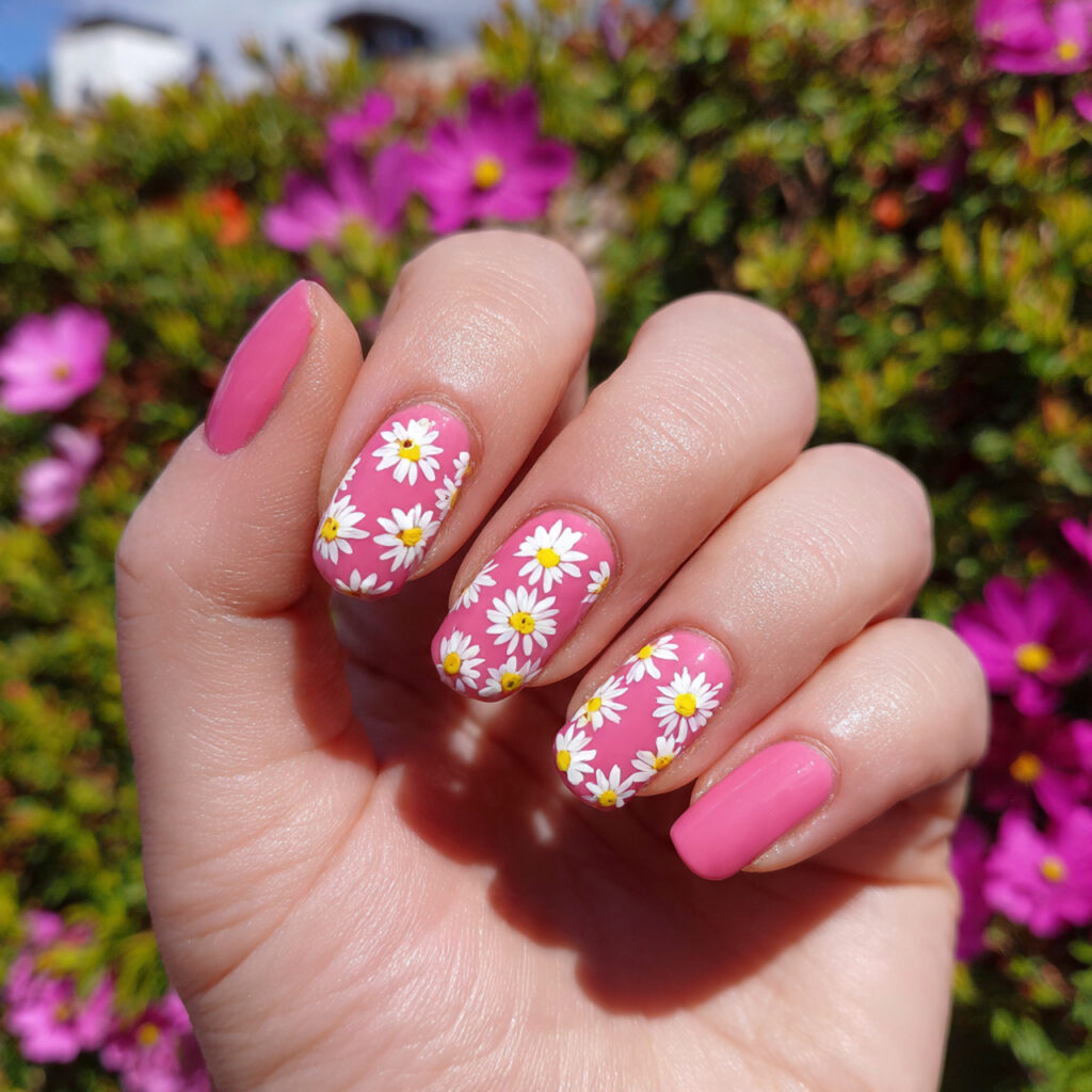 attractive baby pink daisy nails with outdoor back 1