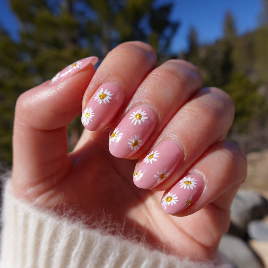 attractive baby pink daisy nails with outdoor back