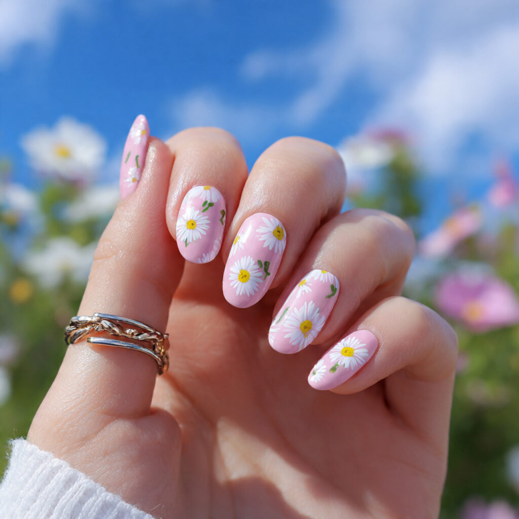 attractive baby pink daisy nails with outdoor summ