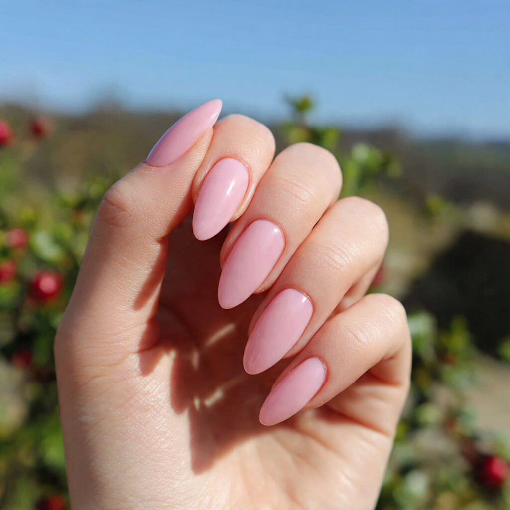 attractive baby pink glass nails with outdoor back