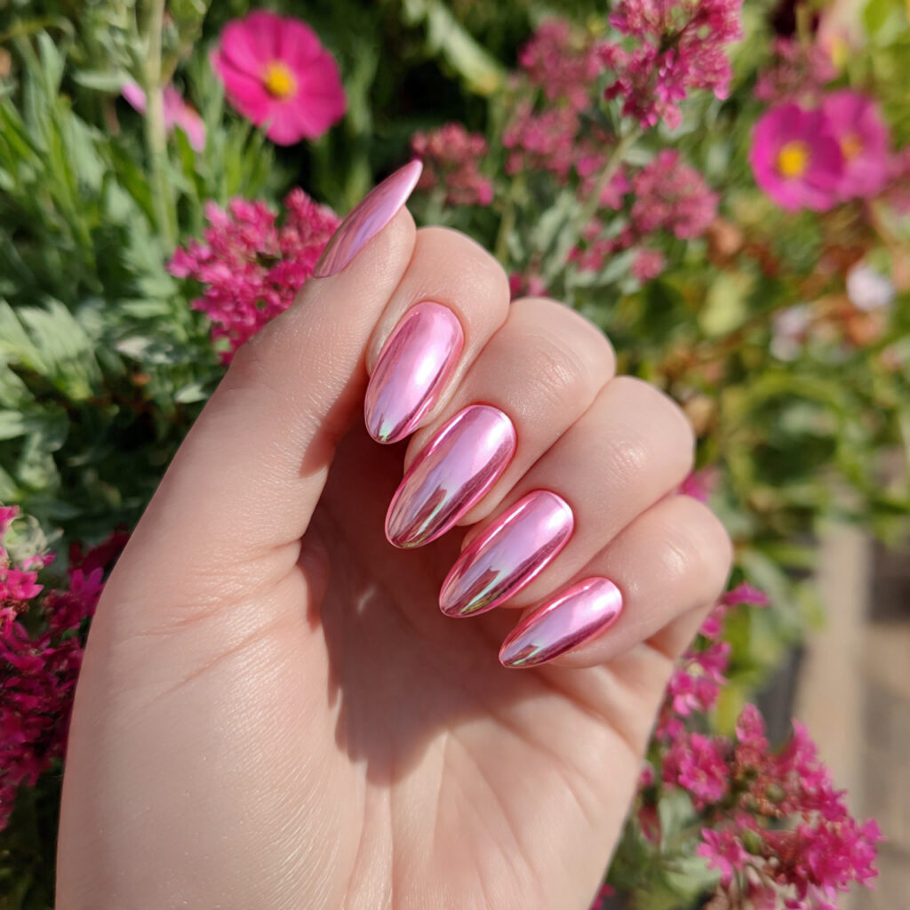 attractive baby pink glazed chrome nails with outd