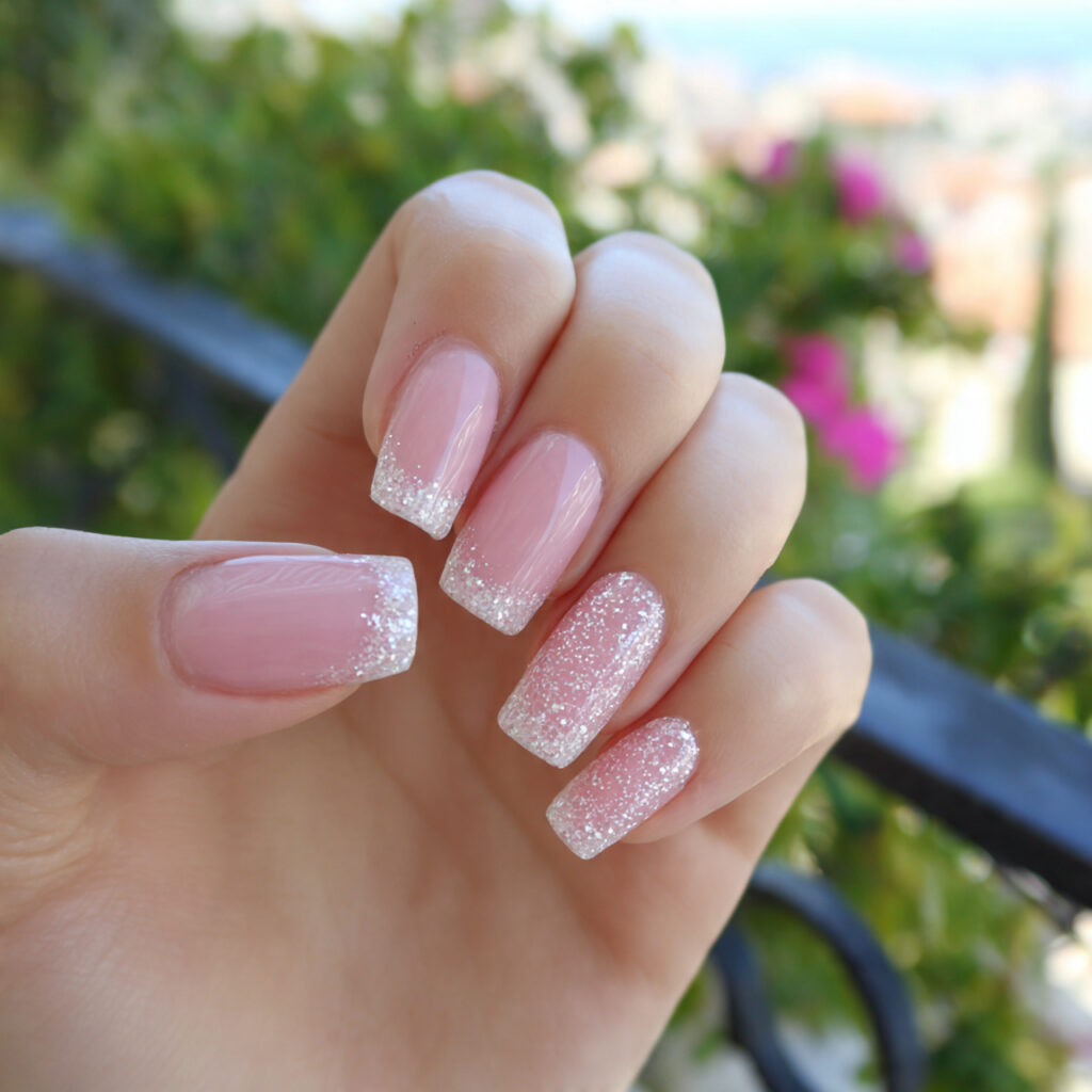 attractive baby pink glitter french nails with out
